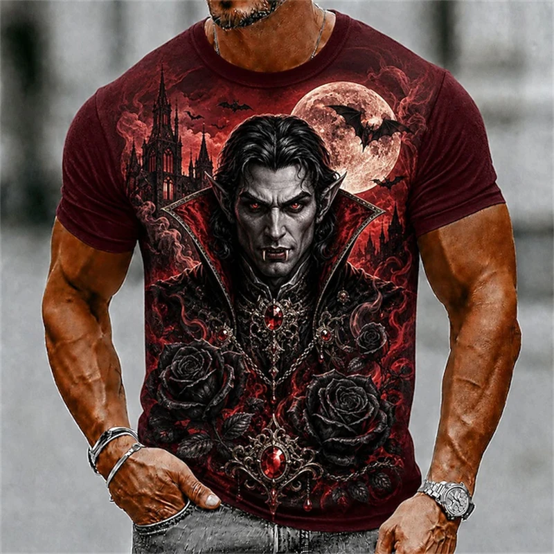 Men's Spring/Summer 3D-Printed Crew-Neck T-Shirt Burgundy Castle Black Rose Vampire Dark Gothic Halloween Street Style Top