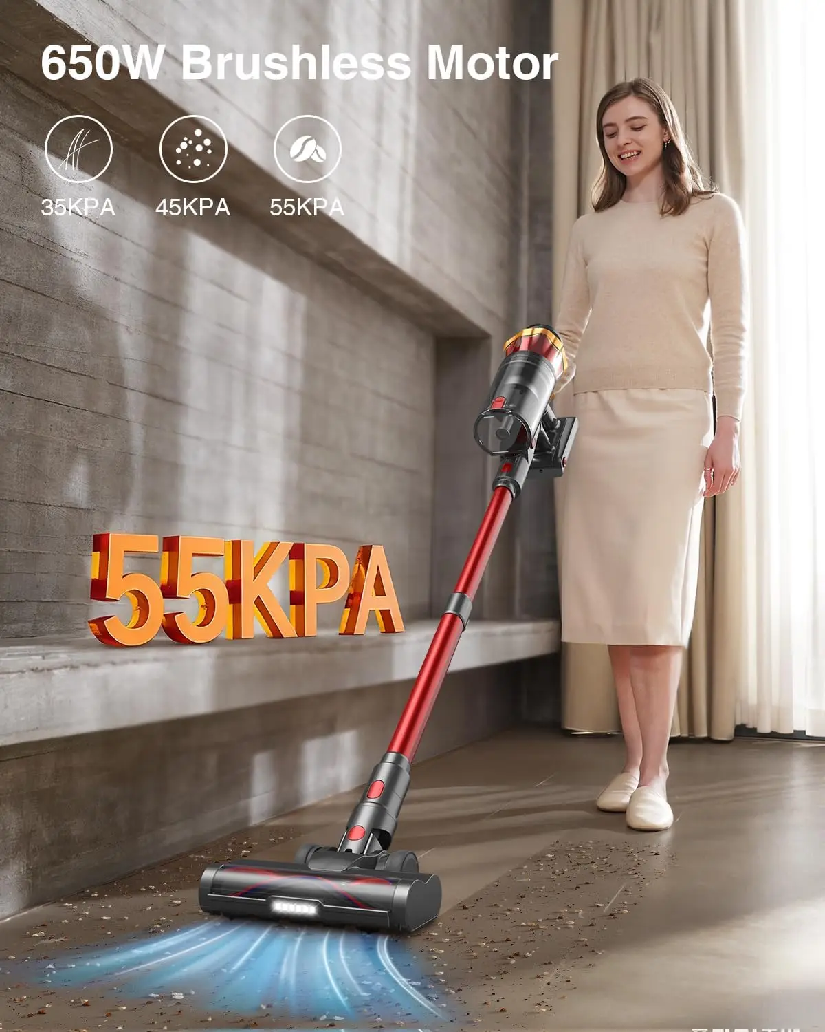 55KPa 70Mins Cordless Vacuum, Anti-Tangle Brush & OLED Touch Screen for Hardwood Floors, Carpet, Pet Hair view 2