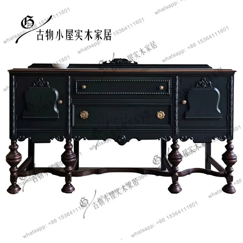 French Roman Column Carved Side Cabinet/Black Solid Wood Locker/Customizable