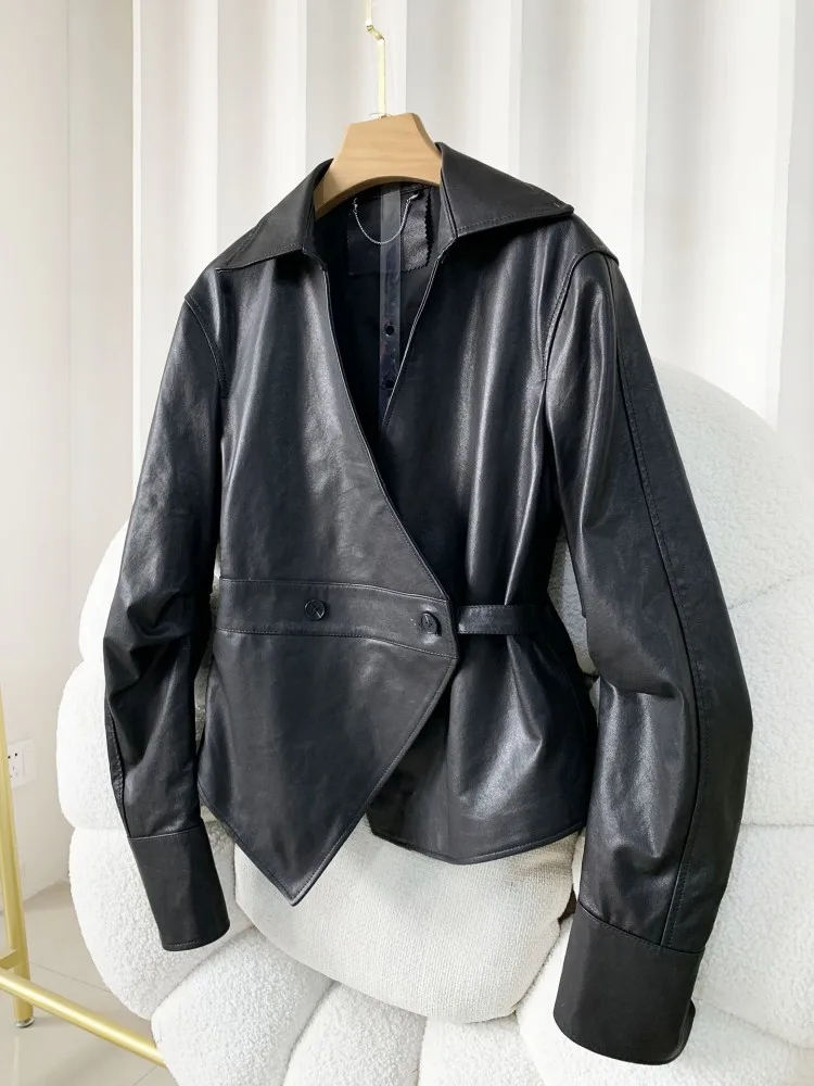 Women Casual Fashion Genuine Leather V Neck Short Jacket Slim Fit Belt Streetwear Long Sleeve Designer Lady Sheepskin Shirt Coat