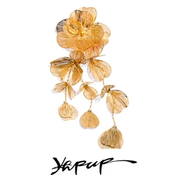 Yhpup Exclusive Flower Leaves Tassel Long Drop Hyperbole Brooch Stage Performance Stainless Steel Clothing Accessories Jewelry