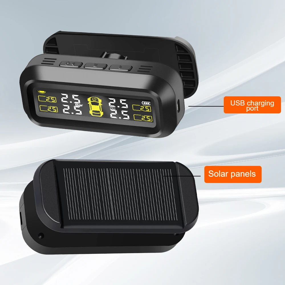 Sensores TPMS para coche, sistema de supervisión de presión de neumáticos, diagnóstico de ordenador a bordo, Solar/USB t