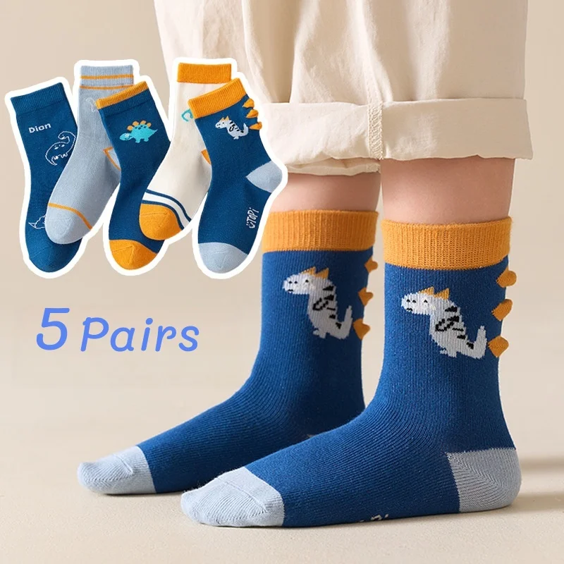 5 Pairs Boys Dinosaur Crew Socks Cute Cartoon dinosaur spikes socks Cotton Kids Socks Spring Autum