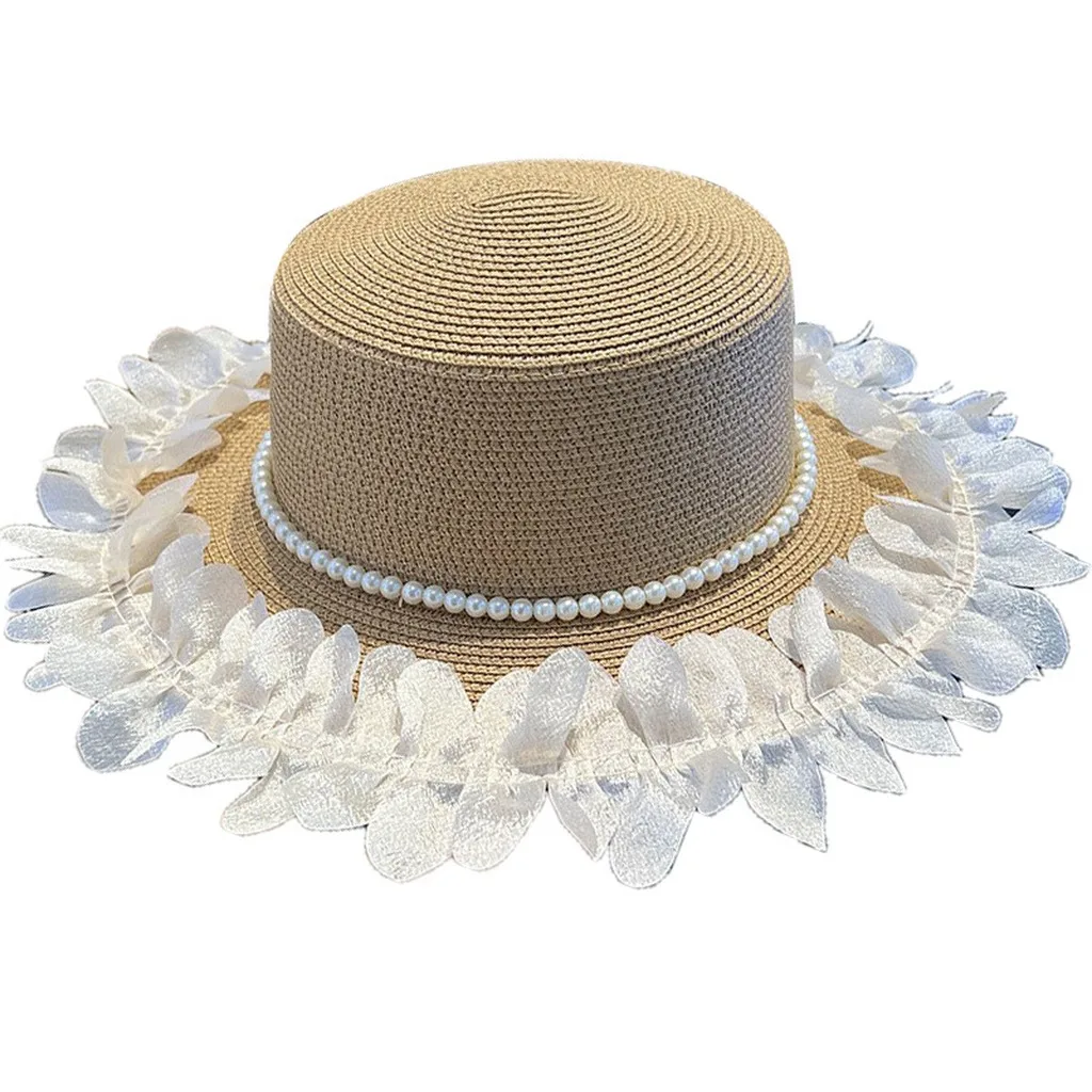 Women Girls Straw Hats Flat Top Wide Brim Sun Hat Pearl Ruffle Lace Adjustable Breathable Sun Protection Hat for Spring Summer