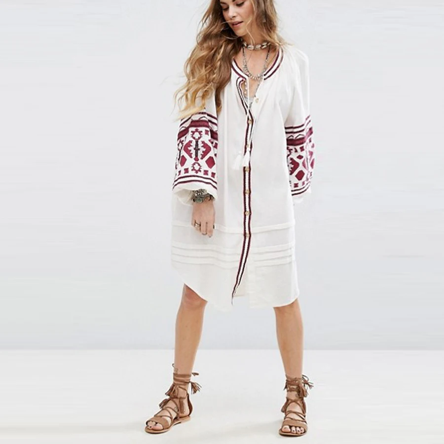 TEELYNN Boho Beach dress 2025 autumn cotton floral embroidery large lantern long sleeve o-neck loose Hippie women dresses Autumn