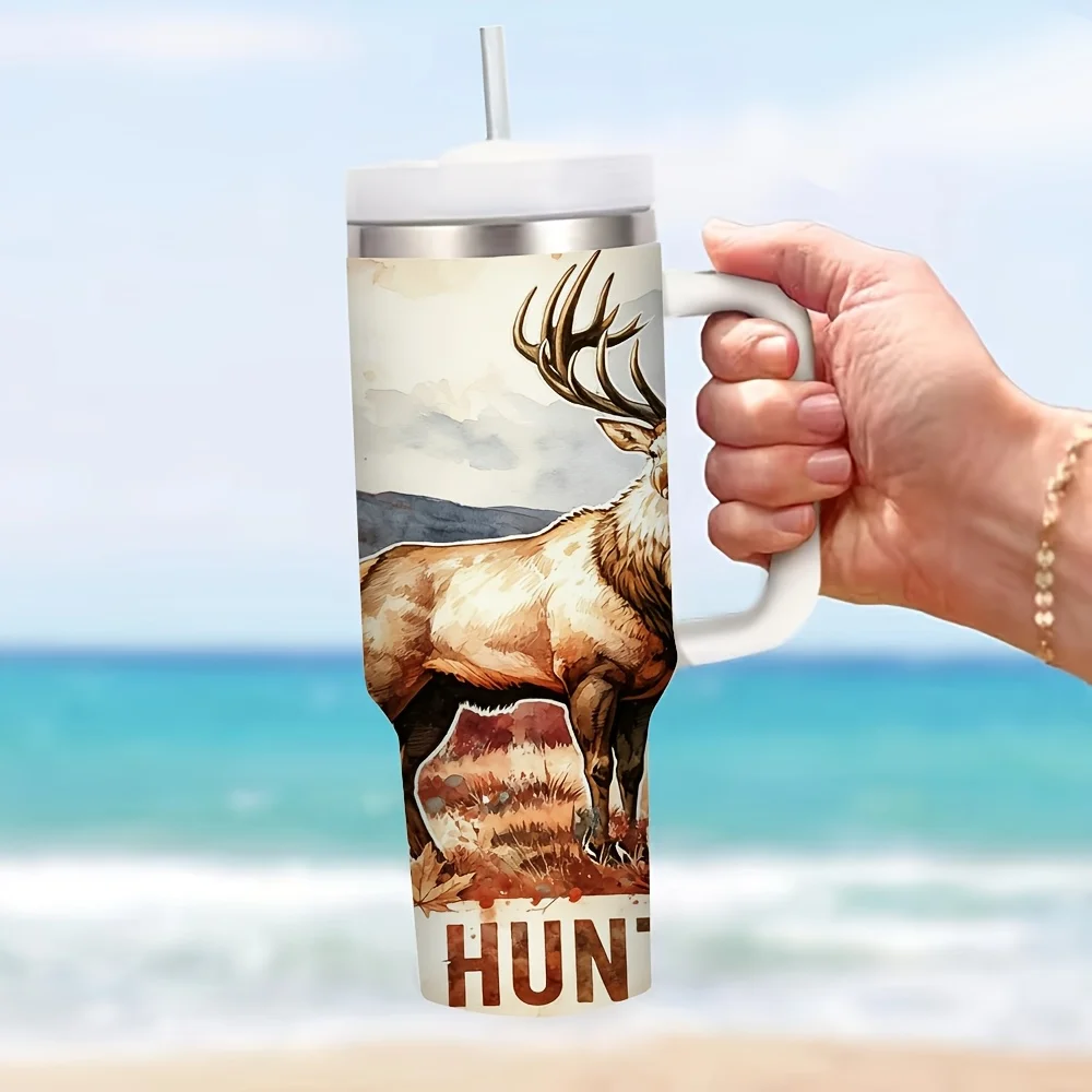 40Oz Insulated Tumbler with Handle, Vintage Watercolor Elk for hunter Print, Large Capacity Keeps Drinks Hot Or Cold, Suitable for Hunters And Outdoor Enthusiasts, Great for Camping Hiking Daily Travel And Outdoor Activities