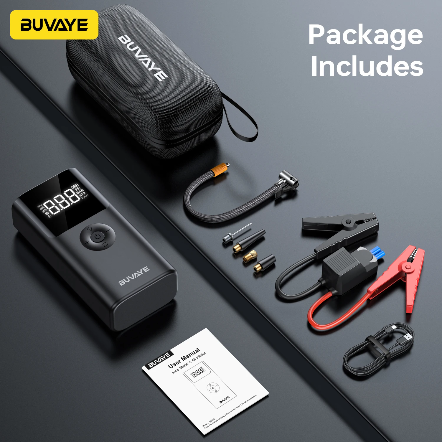 BUVAYE 4 في 1 2500A سيارة الانتقال كاتب PowerBank 150PSI مضخة هواء 12 فولت بطارية الداعم لمحركات الديزل 8.0L والبنزين 6.0L