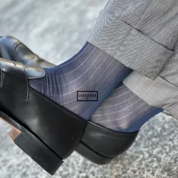 Men's Stockings Thin Sheer Soft Nylon Business Dress Work Trouser Sox Mid Calf High ELastic Striped Hose Stocking Man Long Socks