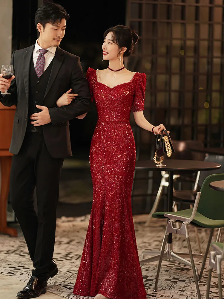 

Ele Red Fi Tail Wedding Dr Evening Gown for Women Faionable High Waist Pearl Embellied Zipper Sle Long Skirt