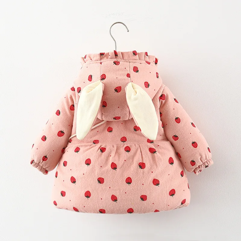 Winter New Girls\' Thick Cotton Coat Hooded Strawberry Printed Rabbit Ear Jacket with Bag Included