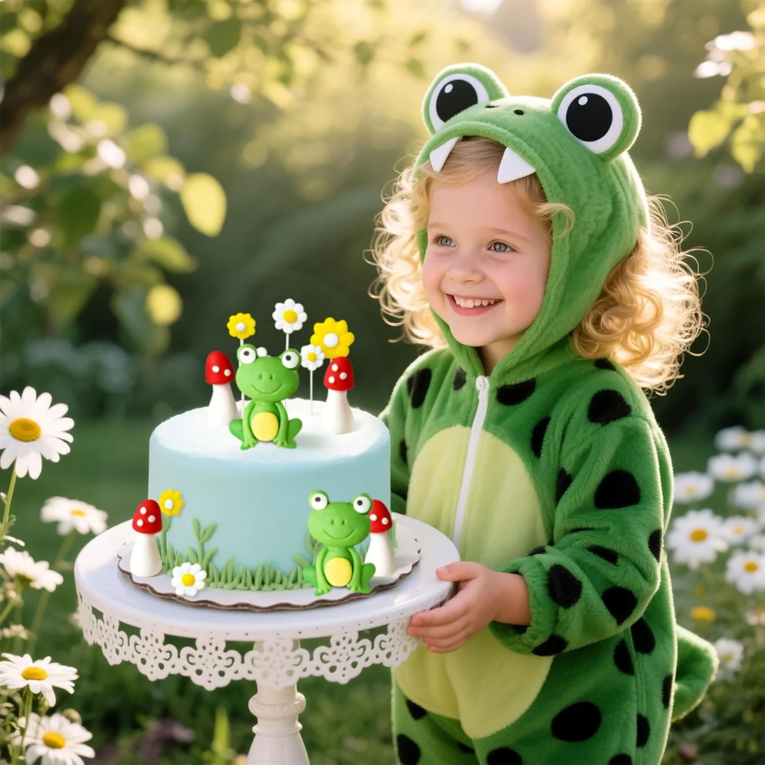 LaVenty Frosch-Kuchendekoration Frosch-Pilz-Hütten-Kuchenaufsatz Garten-Gänseblümchen-Kuchendekoration Gartenparty-Dekoration Hütte – Detail 6