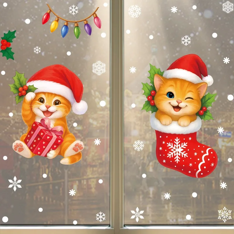 Christmas Sticker Creative Kitten Static Sticker Christmas Party Supplies Snowflake Bell Glass Sticker
