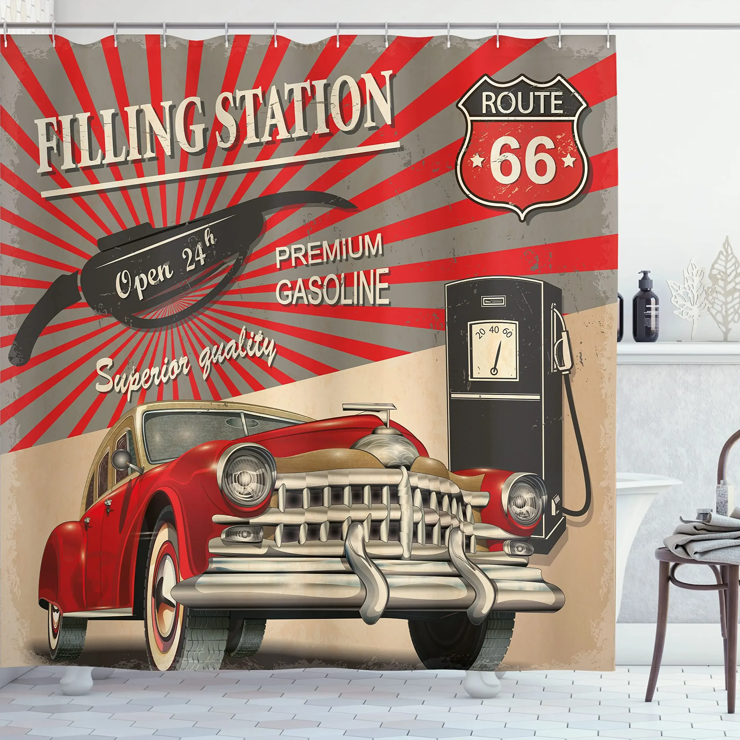 Vintage Car Shower Curtain,Nostalgic Car Garage Service and Repair Store Phrase Dated Faded Waterproof Fabric Bathroom Curtain
