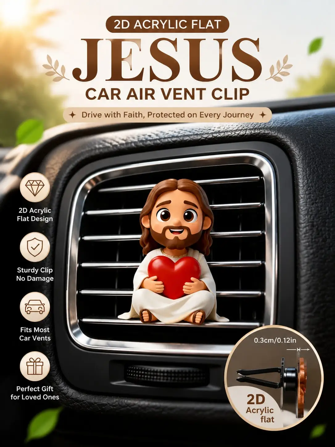 2/1Pcs 2D Flat Jesus Holding Heart Cartoon Air Vent Clip - Fashionable Car Interior Accessory, Ideal Holiday Gift