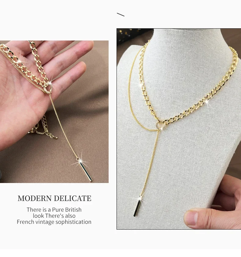 العلامة التجارية الجديدة التيتانيوم الصلب هندسية تقسم سلسلة قلادة، سلسلة محبوكة شرابة مزدوجة الطبقة، عصرية للسيدات