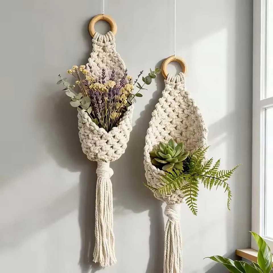 Cotton Woven Hanging Net Basket Boho Tassel Wall Tapestry Flower Pot Hanger Gardening Green Plant Hanging Net Decor