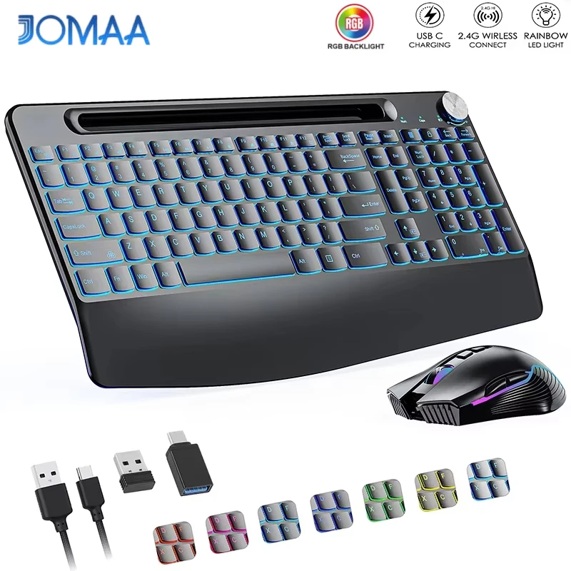 

2.4G&Type-C Wireless Keyboard Mouse Combo with Wrist Rest,RGB Backlit,Silent Rechargeable Set for PC,Laptop,Window,Jiggler Mouse