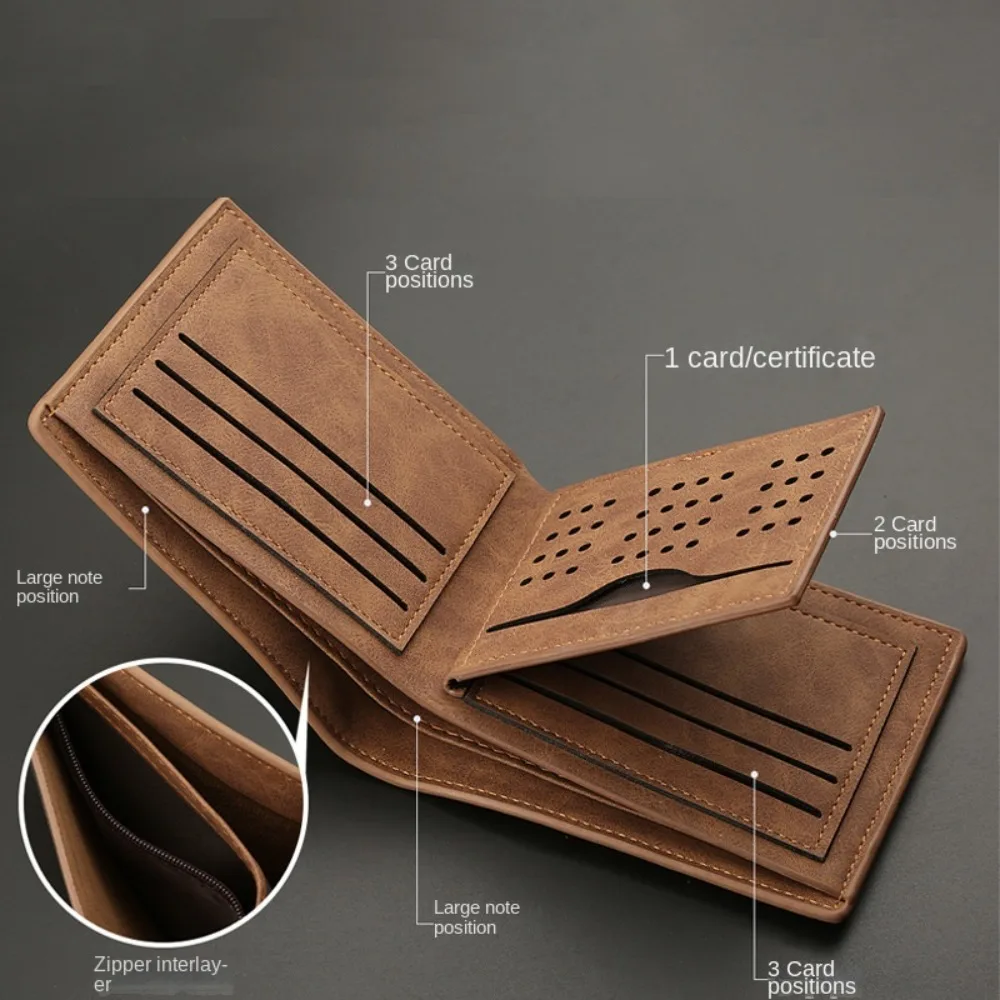 新しい PU レザーメンズショートウォレット二つ折り大容量レトロ小銭入れブラックコーヒー ID カードホルダー男性女性