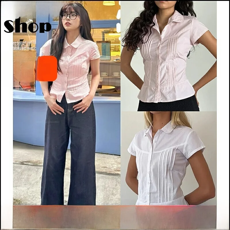 

La via Motel Rocks Pink Pleated Slim Fit Collared Short Sleeve Shirt Sweet Style Handpicked Store Female Summer Fashion