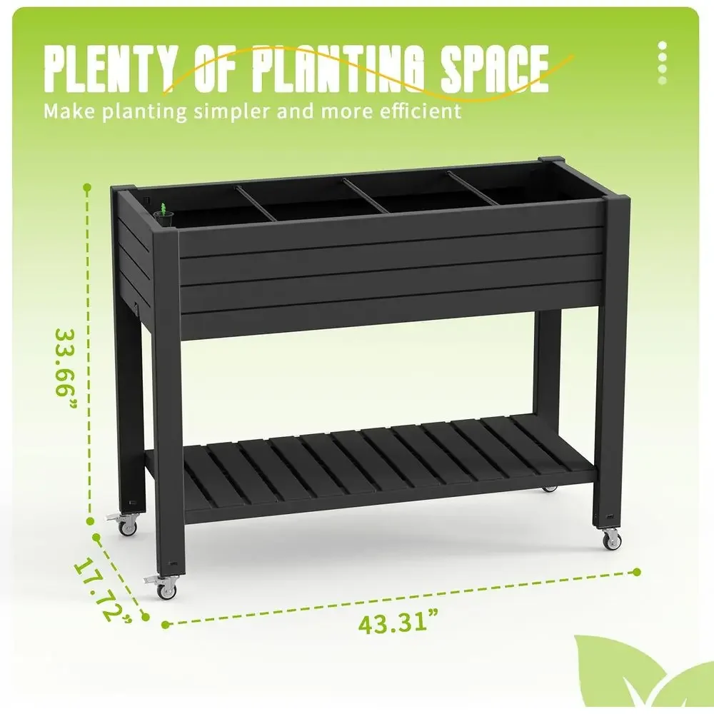 21 Gallon Large Elevated Garden Bed with Legs, Wheels, Drainage, and Tool Shelf - Black Resin for Patio and Backyard