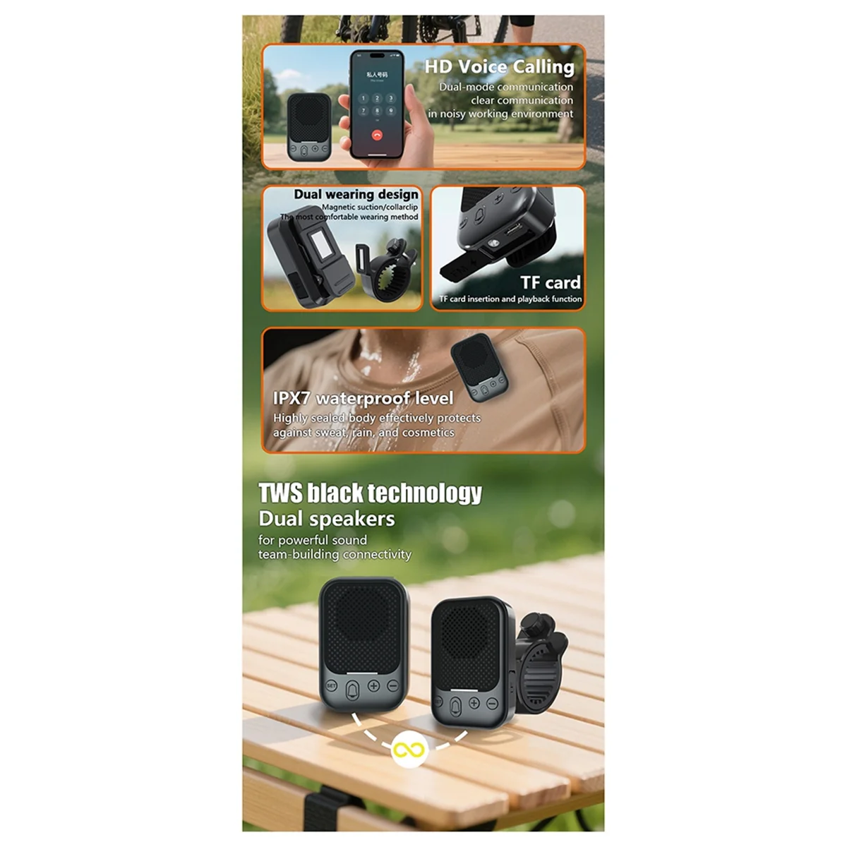 

2025+ Bike Bluetooth Speakers Portable Dual Pairing FM Radio TF Card Support Collar-Clip Speaker for Cycling Hiking Camping