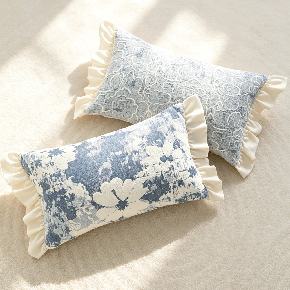 BUYNOW 1PC Blue Gray Floral Jacquard Pearl Ruffle Pillowcase Without Filler Bohemian Pastoral Style CushionCover Sofa Home Decor