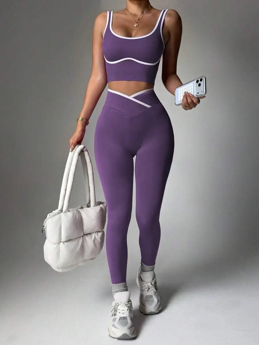 

Purple Seamless Contrast Color Yoga Activewear Set 3 Piece Workout Outfit Leggings Sports Set