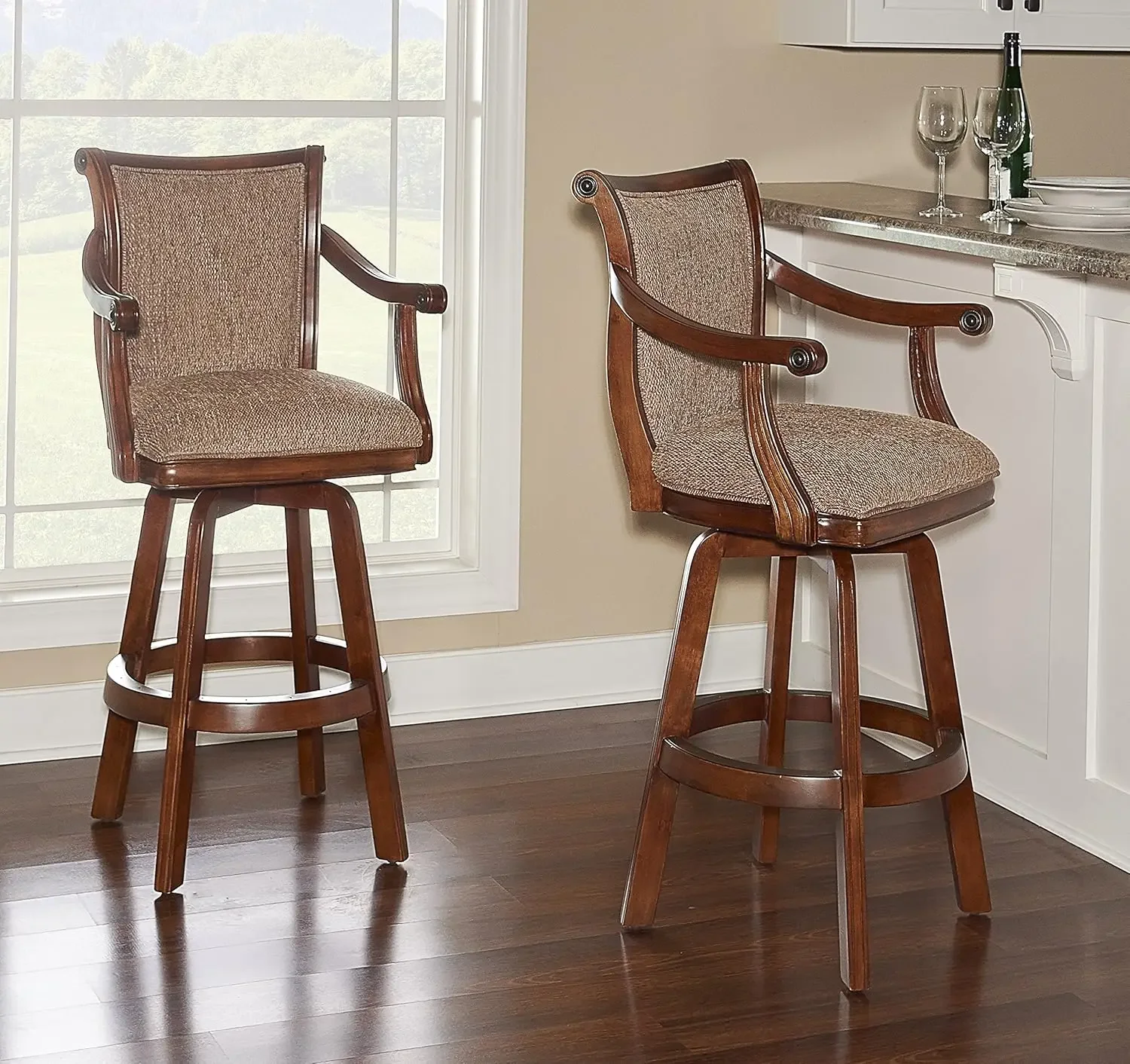 

Furniture Brandon Swivel Arm Barstool with Extra Padded Upholstered Seat by Bar Height, Cherry Brown