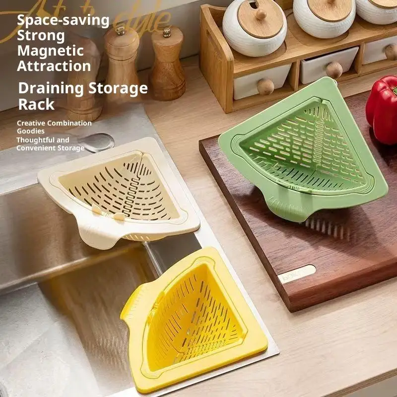 Corner Sink Drainer Basket Magnetic Kitchen Storage Rack Sink Drain Strainer Basket For Trash Food Waste Leftovers