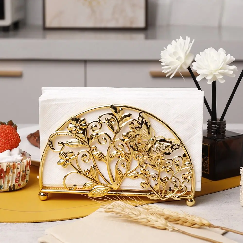 

Flowers&Leaves Metal Napkin Holders Gold Luxury Space-Saving Tissue Storage Rack No-slip Hollowed-out Design