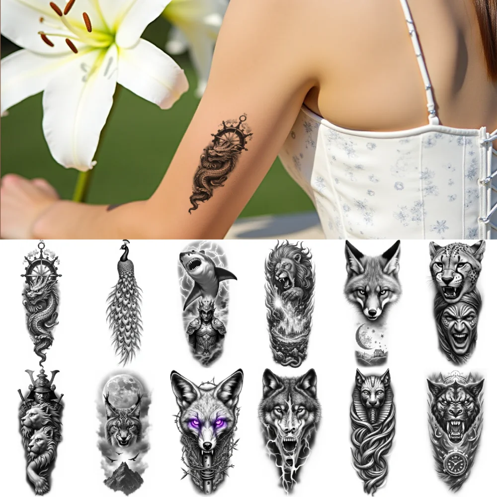 

12pcs Temporary Tattoo Waterproof Long-lasting Body Stickers Wolf Leopard Shark For Thigh Arm Male