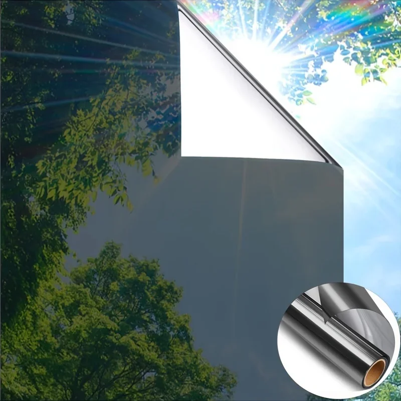Window Privacy Film One-Way Mirror Tint Removable Reflective Heat Blocking Anti Glass Door Covering for Home Office Black Silver