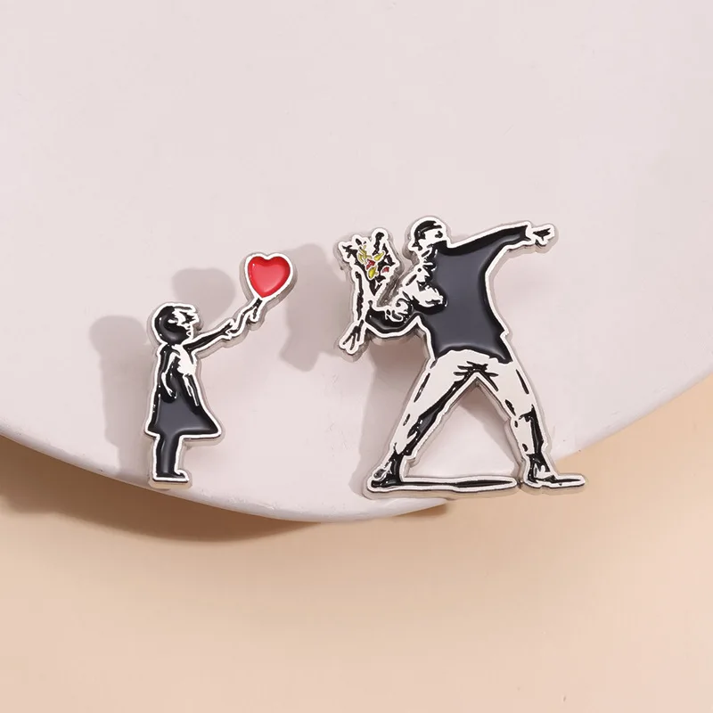 Classic Banksy Art Design Collection Brooch Enamel Pin Flower Thrower Boy Red Balloon Girl Badge Backpack Pins on Bag Decorating