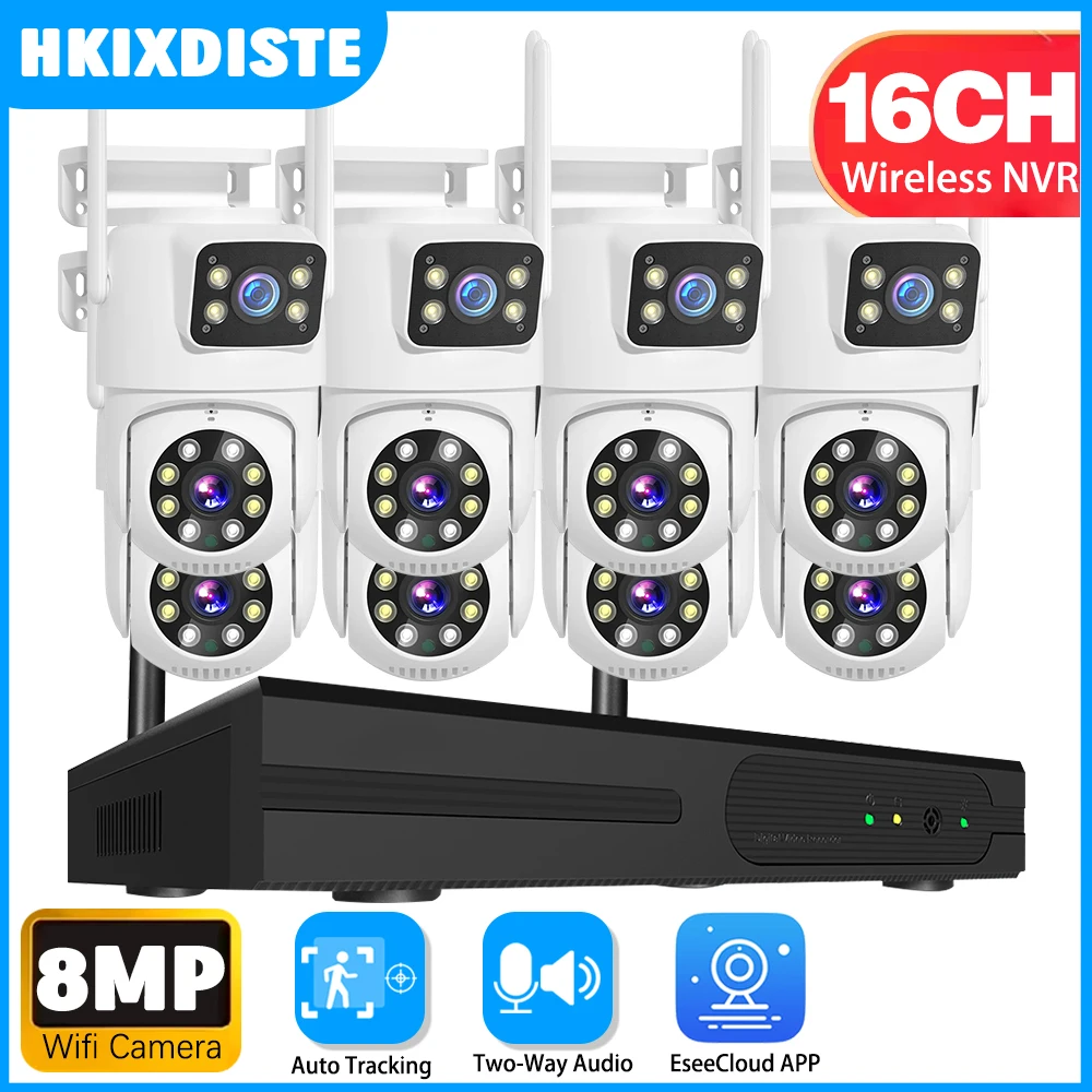 

6MP WiFi Dual-Lens Dual-Screen Wireless IP Cameras with 16CH WiFi NVR, Two-Way Audio, Outdoor Video Surveillance Security System