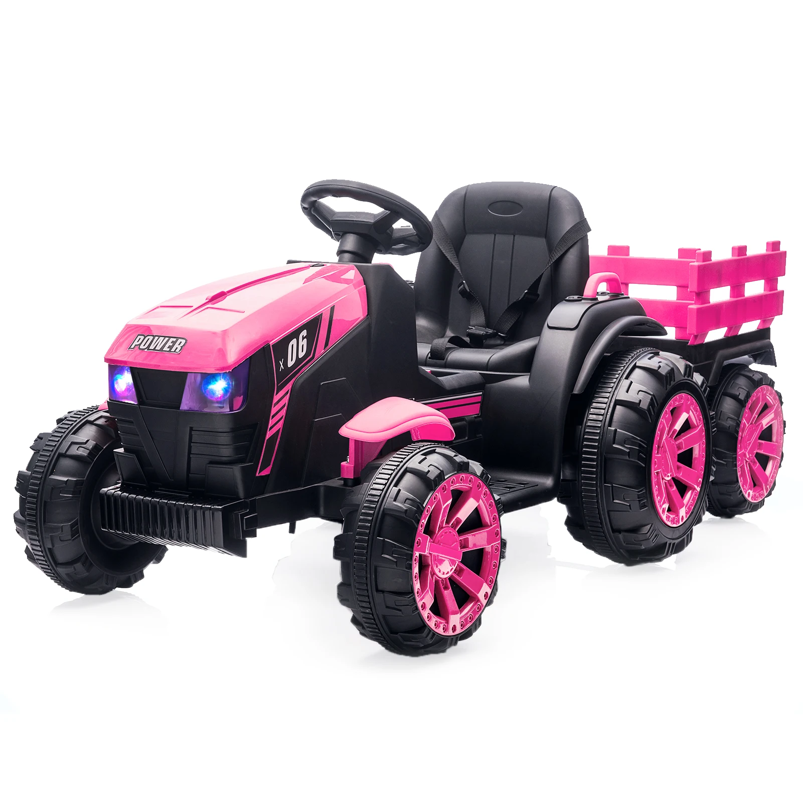 Kids Ride On Tractor with Trailer 12V Battery Powered Electric Kids Car Vehicle Toys with Dual Motors,Remote Control,LED Lights