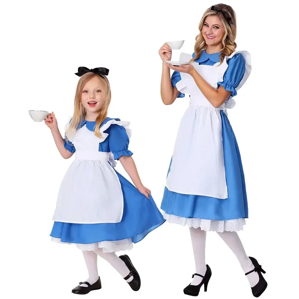 Halloween Kids Party Lolita Cameriera Dress Bambini Ragazza Blu Alice nel Paese delle Meraviglie Cosplay Alice nel Paese delle Meraviglie Costume Ragazze