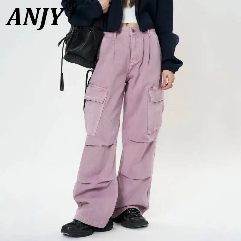 

ANJY Autumn New Women Korean Fashionable Three-Dimensional Large Pocket Jeans Stylish Tide Versatile Wide-Leg Denim Pants A12392