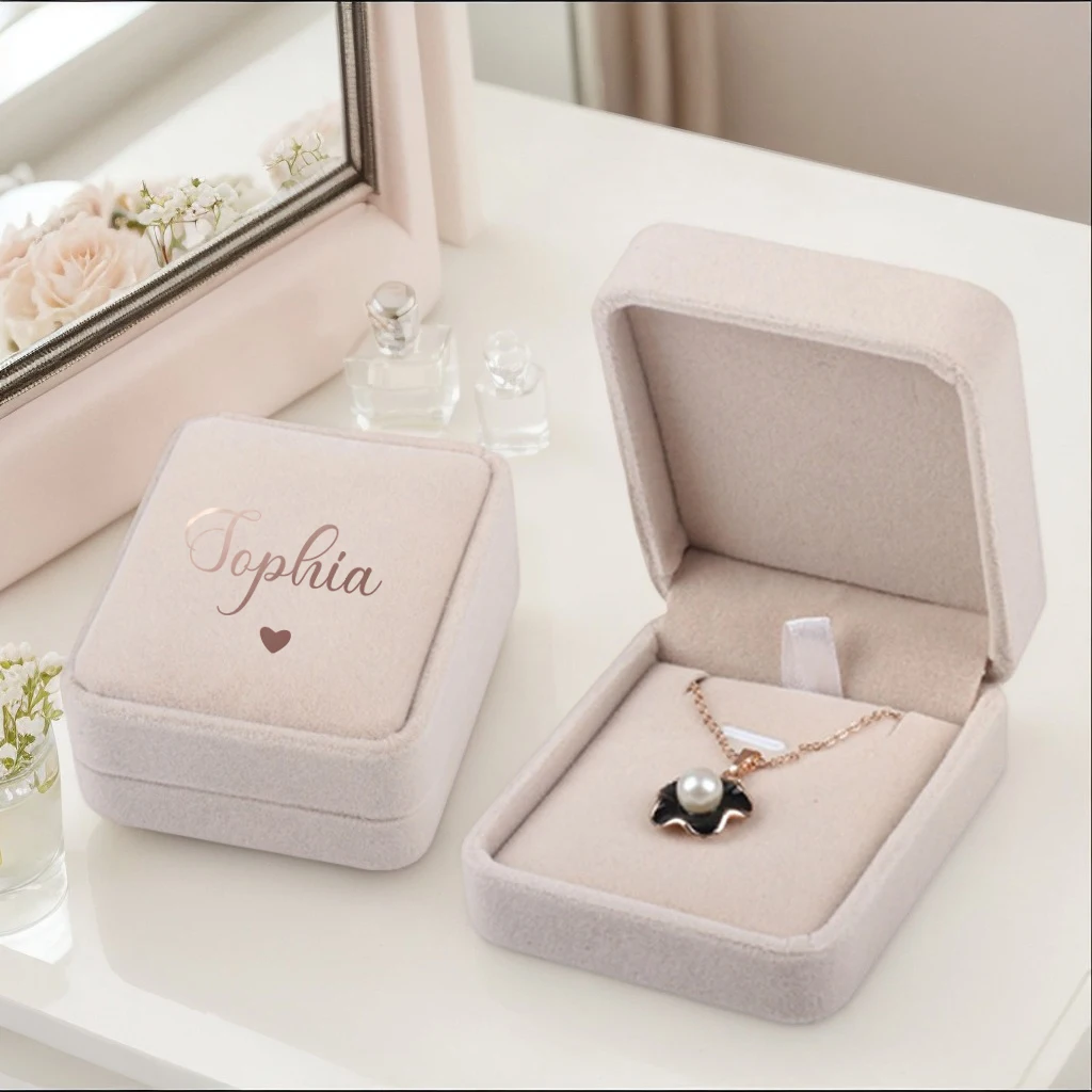 Personalized beige rounded velvet necklace box, pendant box jewelry box, customized jewelry storage box, gift for her