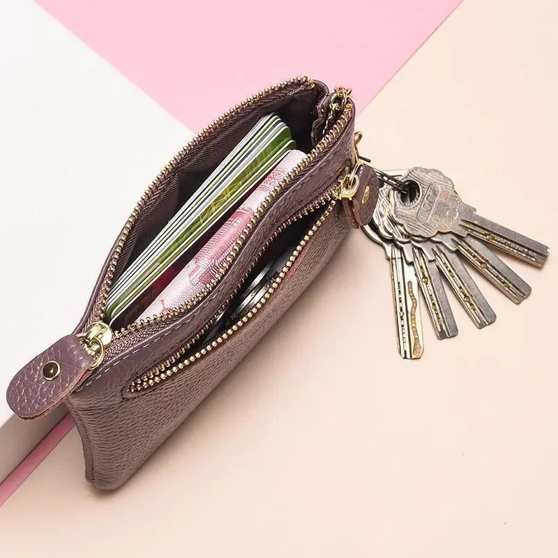 Textured women's mini, cute cowhide, short zipper, small wallet, simple key, coin holder, ultra-thin card holder