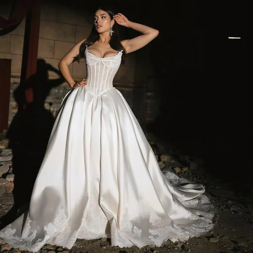 

Customized Corset Satin Wedding Dress for Bridal Sleeveless Lace Appliques Bride Gown See Through Waist A Line Vestidos De Novia