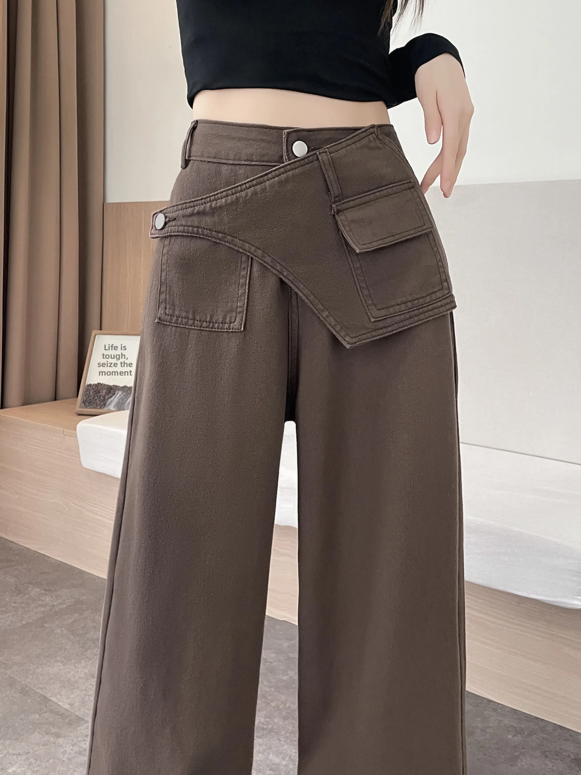 กางเกงยีนส์เดนิมผู้หญิง รุ่นใหม่สำหรับฤดูหนาว ทรงหลวม ขากว้าง ชายไม่เท่ากัน ยาวคลุมเท้า สไตล์ลำลอง