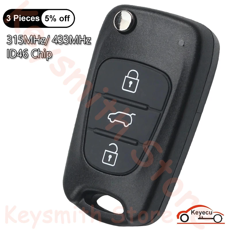KEYECU 3 Buttons 315MHz 433MHz ID46 Chip for Hyundai Elantra Auto Flip Remote Control Key Fob Replacement