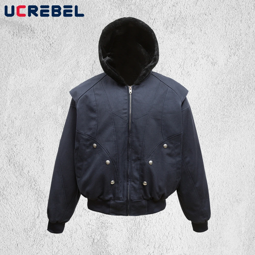 Button Decoration Hooded Padded Jacket Mens Winter Spliced Faux Rabbit Fur Lining Long Sleeve Outerwear Man