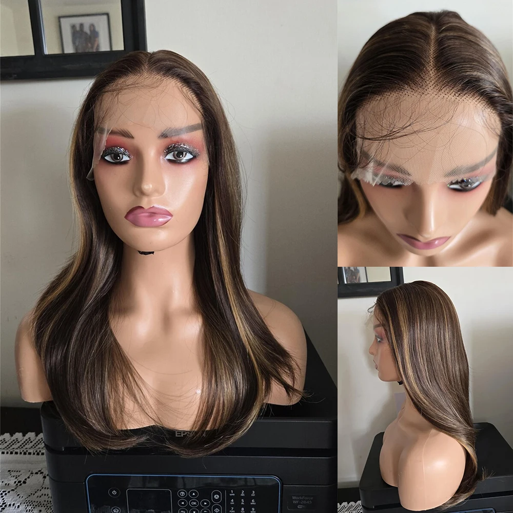 20 Inch Honey Blonde Highlight Synthetic Wig 13x4 Lace Frontal Wig Middle Part Preplucked Hairline Women's Wig Cosplay Party Use