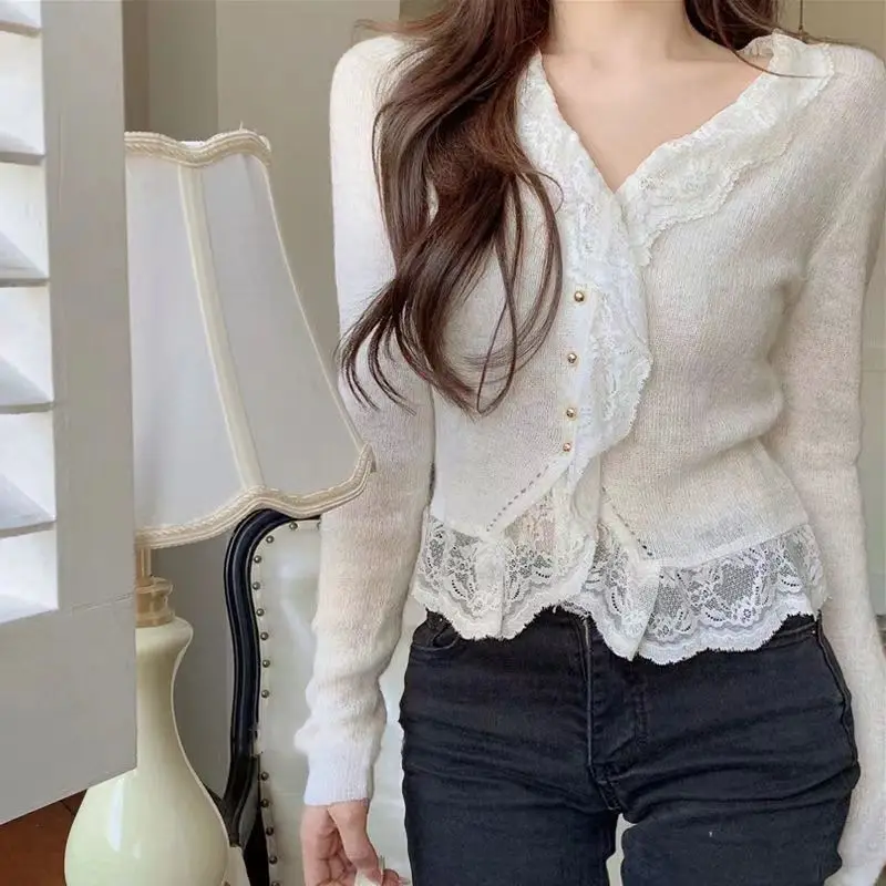 

Cardigan Sweater Women's Lace Stitching in Spring and Autumn with Short Knitted Bottoming Shirt and Long Sleeves