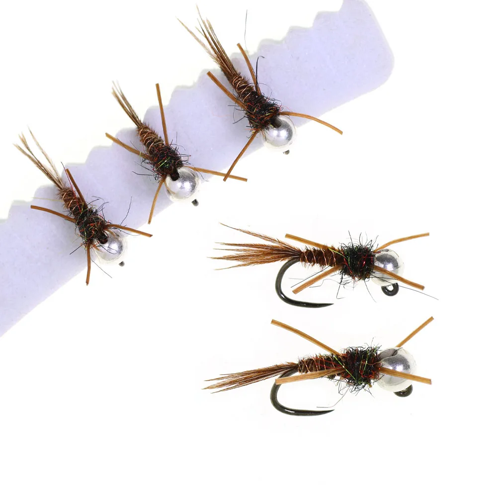 6PCS Barbless Jig Stonefly Nymph Fly # 14 # 16 Gummibeine, Fasanenschwanz, Bead Head Fast Sink Euro Nymph Forelle Barsch Angelköder