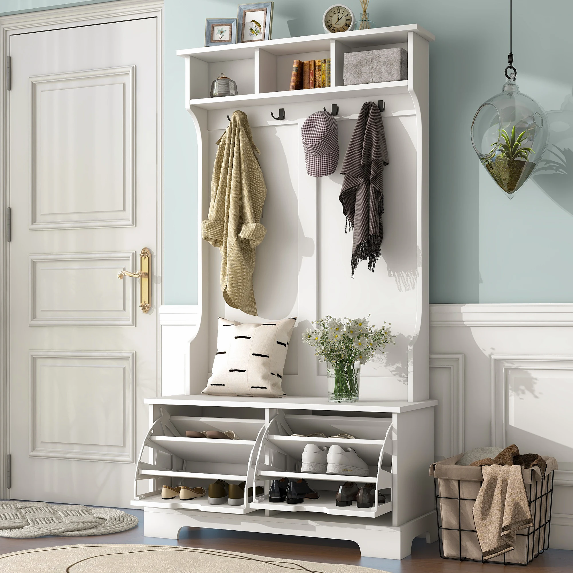 All in One Hall Tree W/3 Top Shelves&2 Flip Shoe Storage Drawers Wood Hallway Organizer W/Storage Bench&Metal Hanging Hook White