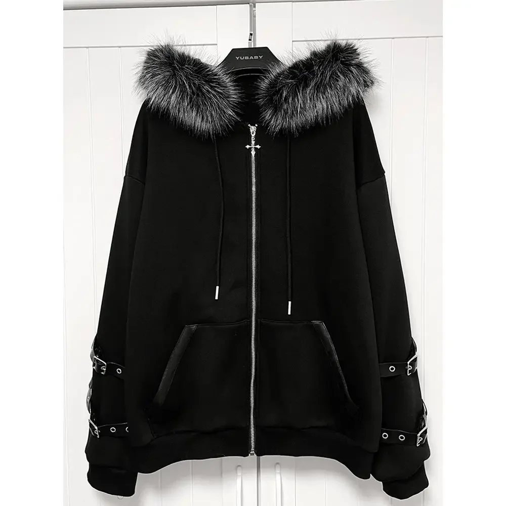 Punk Black Jackets for Women Streetwear Goth Outerwear 2026 Ropa Mujer Hooded Y2k Tops Casual Fashion Zip Up Sweatshirts Coat