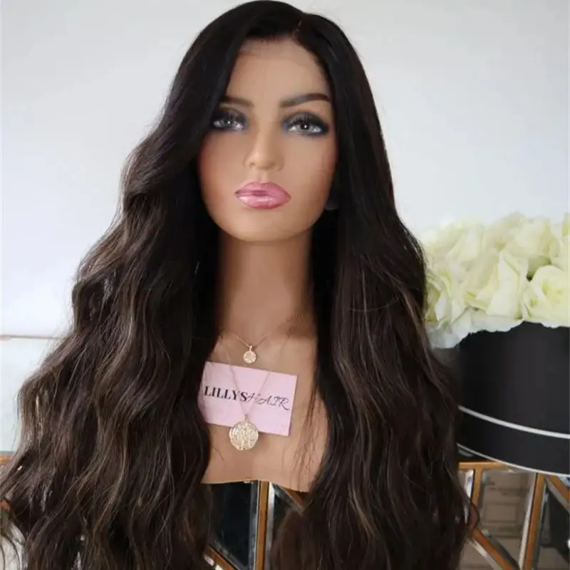 28 Inches 13x4 Free Part Ombre Dark Brown Highlights Synthetic HD Lace Front Wig with Natural Black Roots Preplucked Hairline
