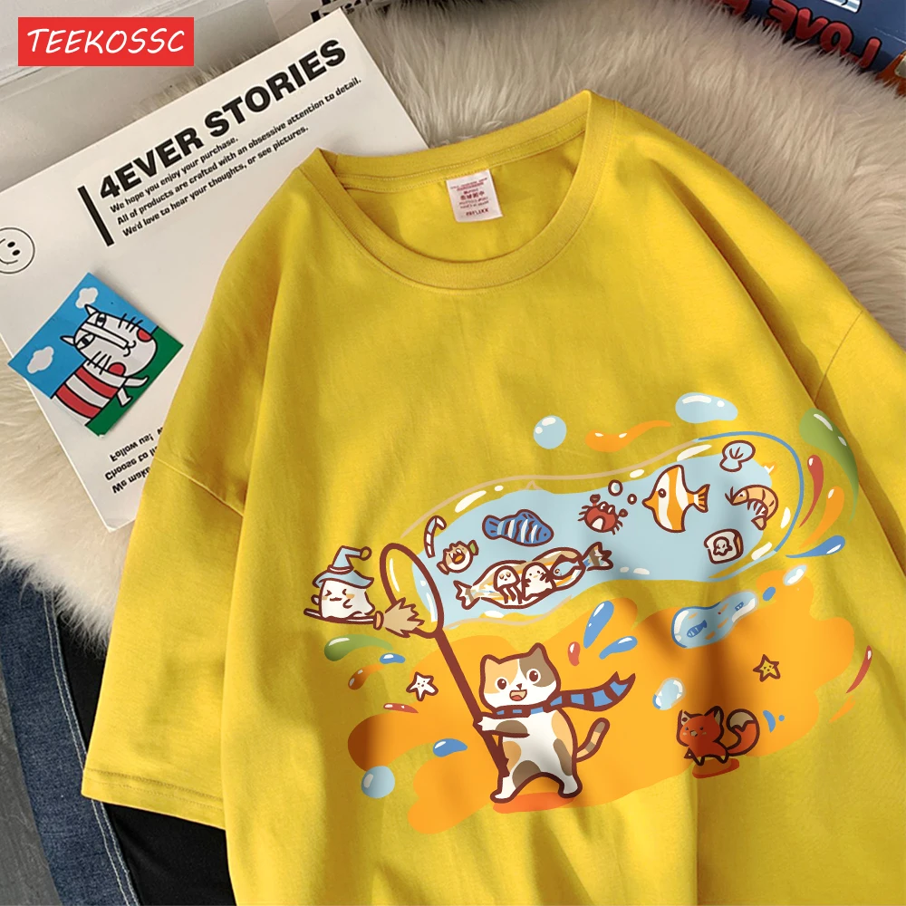 Mała rybka w ogromnej bąbelkowej bawełnie koszulki damskie kreskówki topy z nadrukiem O-Neck miękka obszerna koszulka letnia odzież codzienna